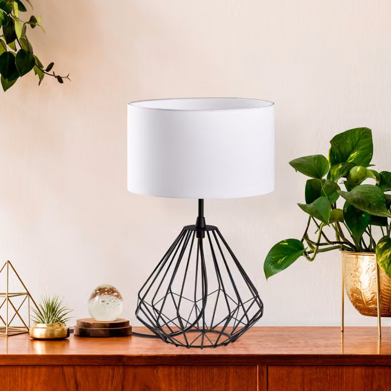 Opviq, lampada da tavolo di alta qualità, nera, 25 x 25 x 43 cm | Struttura in metallo, paralume in tessuto, cavo da 200 cm, attacco E27, max 40 W | Design moderno e industriale adatto a qualsiasi ambiente.