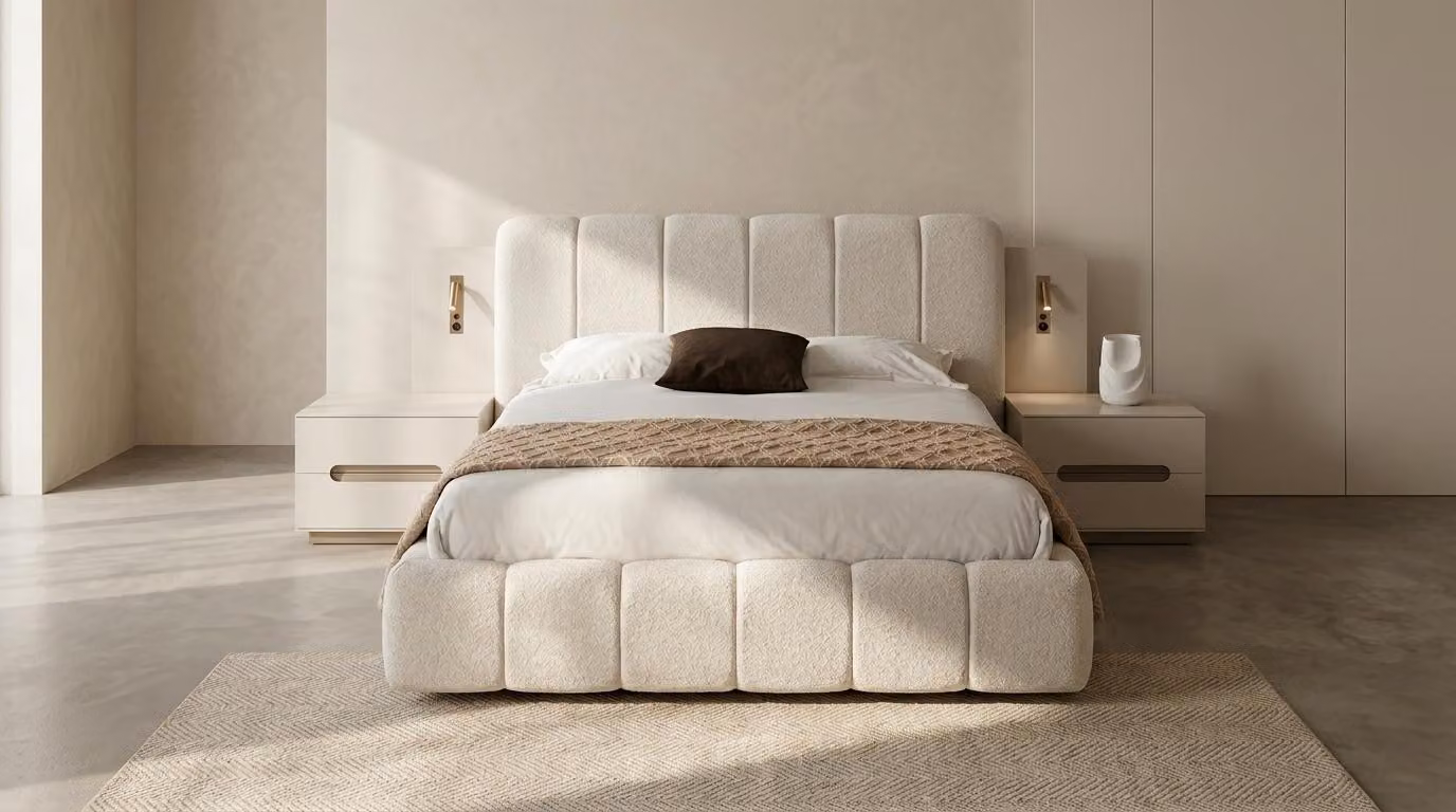 Set per camera da letto: letto, 2 comodini, design moderno, colore grigio-beige, versatile
