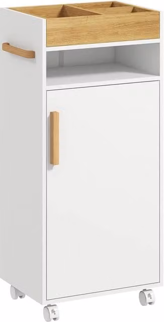 Armadietto da bagno minimalista con ripiani regolabili e ruote, Bianco Rovere, L 40 cm x P 30 cm x H 88 cm