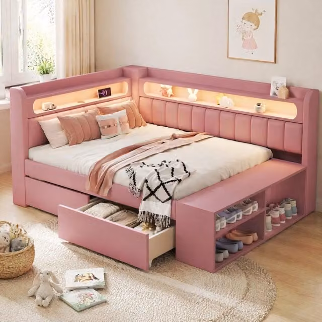 Letto imbottito con luce a led e porta usb, 2 cassetti e scarpiera, in mdf e compensato, rosa, 90 × 200 cm