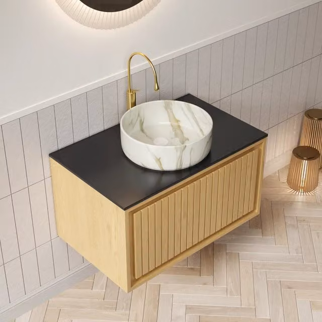 Mobile sottolavabo sospeso con lavabo rotondo in ceramica e cassetto frontale rigato per bagno rovere e nero