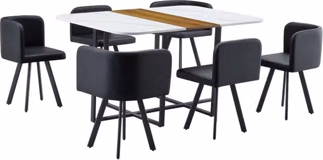 Set tavolo e 6 sedie con sedute imbottite e struttura stabile, per sala da pranzo, in MDF e metallo bianco e legno