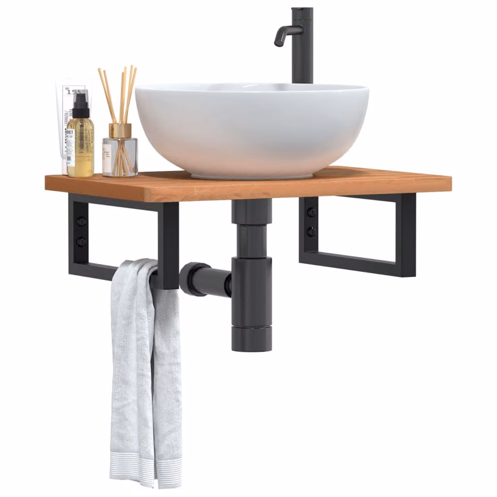 vidaXL Ripiano da parete per lavabo moderno in metallo nero e legno di faggio marrone