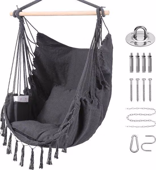 Sedia a dondolo Unyqoos® in tela di cotone, color grigio scuro – Sedia a dondolo per interni ed esterni, con 2 cuscini, tasche laterali, borsa per il trasporto, corda resistente, portata massima 100 kg, lavabile in lavatrice