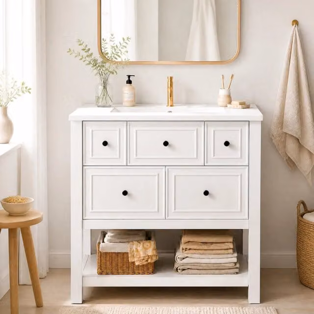 Mobile lavabo 76x46,5x82 cm in MDF e ceramica bianco con 5 cassetti -
