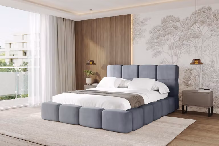 Letto imbottito ALTDECOR con contenitore - NATA 160x200 grigio, letto con testiera, letto contenitore senza materasso, letto matrimoniale con spazio contenitivo