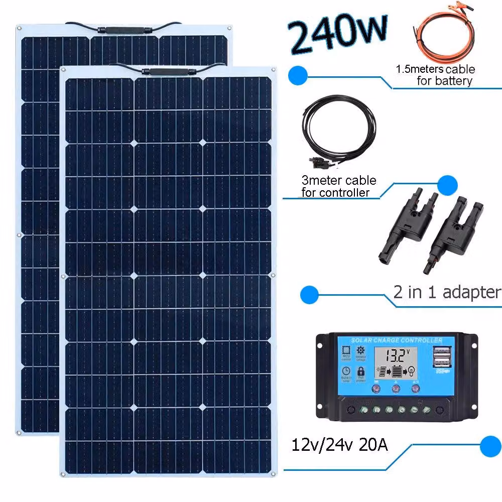 Kit di pannelli solari da 240W con regolatore a 12V - Sistema fotovoltaico impermeabile per camper, barche e giardini