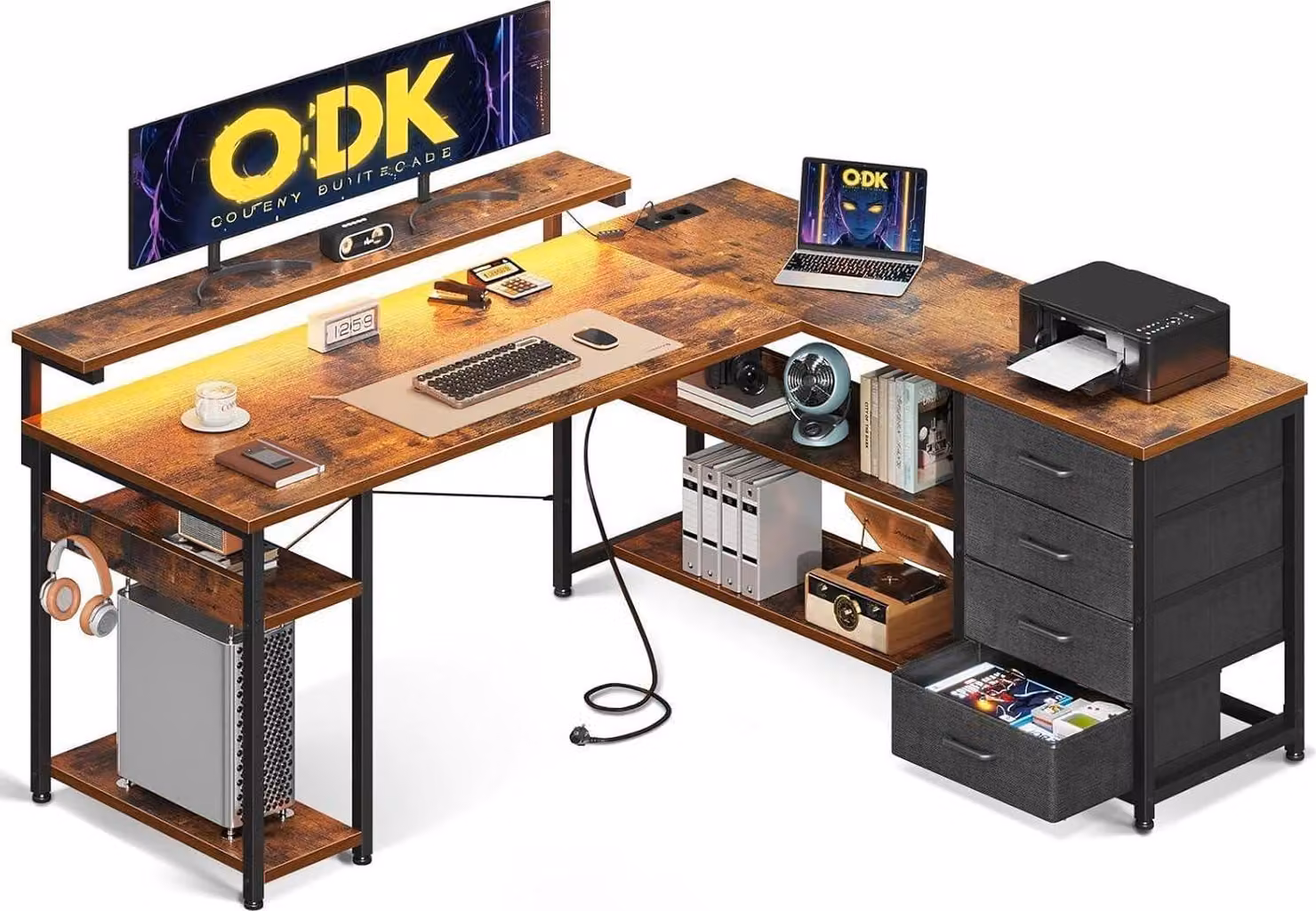Scrivania da gioco ODK LED con cassetti e porta di ricarica USB 135x110cm