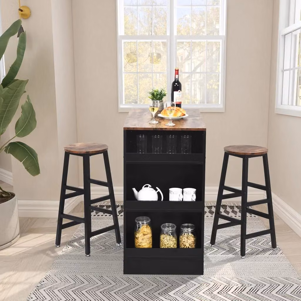 Set di Tavolo e 2 Sgabelli da Bar COSTWAY in Stile Industriale con Struttura in Metallo e Legno, Marrone e Nero – 2