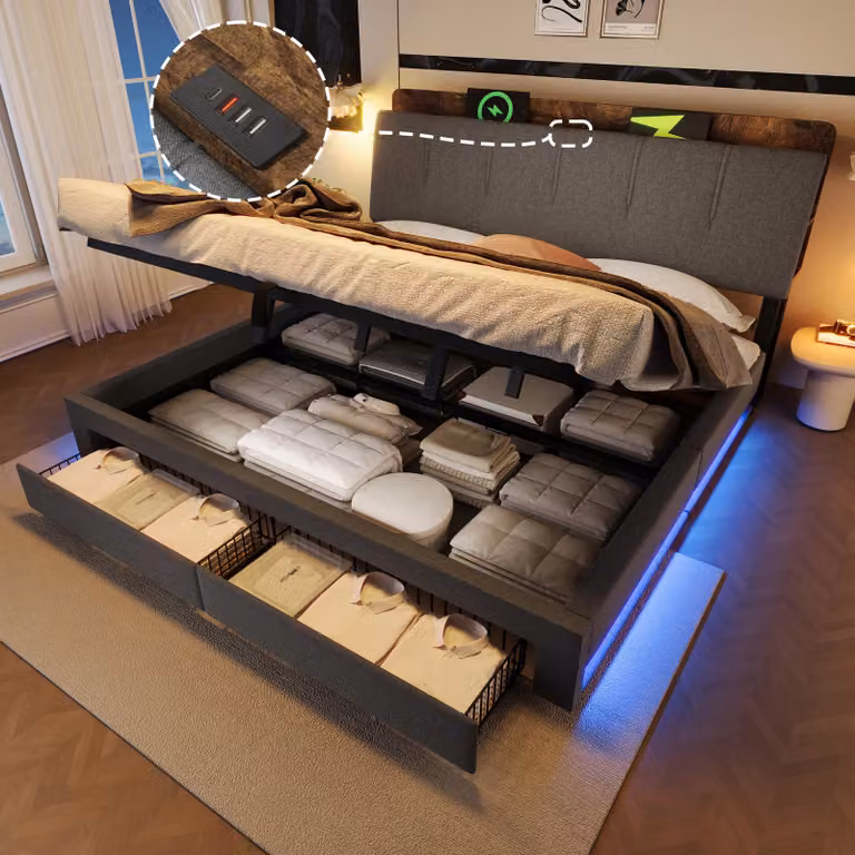 Letto idraulico imbottito Flieks 180x200 cm con cassetto, letto matrimoniale con contenitore e funzione di carico, letto per ragazzi con LED, letto idraulico in tessuto, grigio