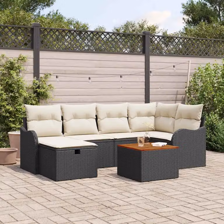 Set Divano da Giardino vidaXL 7 Pezzi Moderno a Forma di L con Cuscini Nero