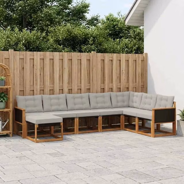 Set di divani da esterno a L vidaXL in legno di acacia con 8 pezzi, beige e grigio, comprensivo di cuscini e pouf – 1