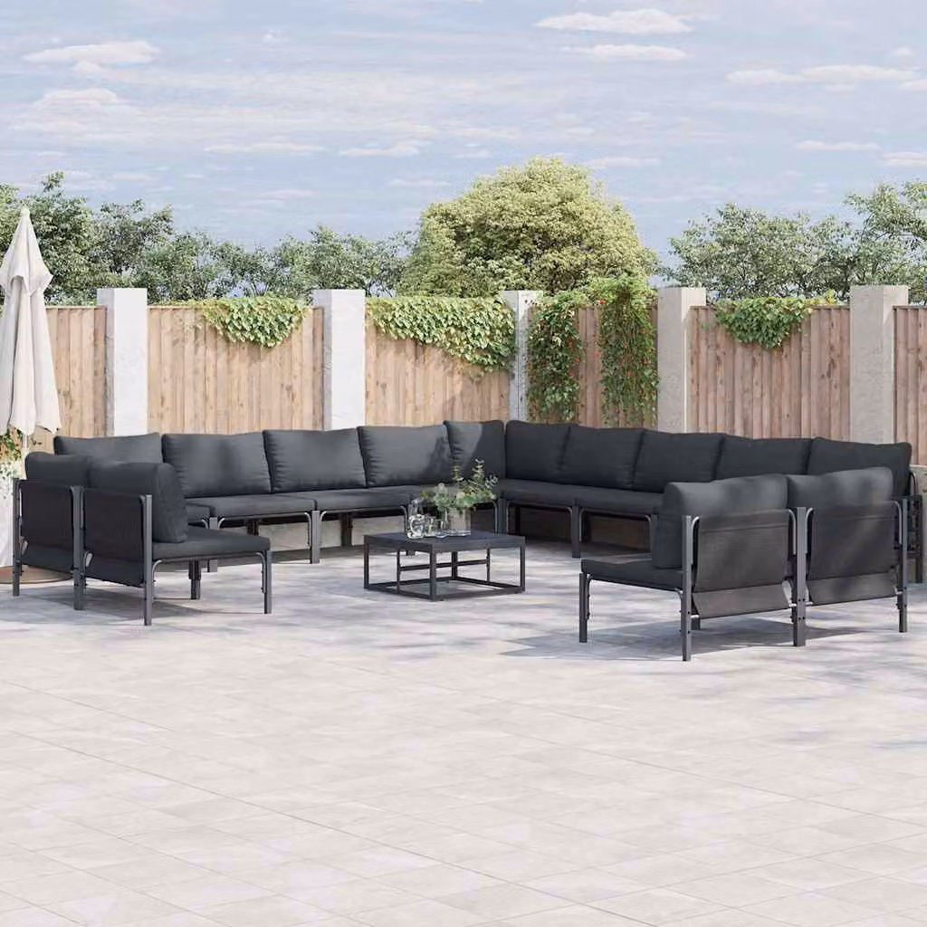 Set Divano da Giardino vidaXL 13 pz a Forma a L con Tavolino e Cuscini, Acciaio Verniciato Antracite e Nero