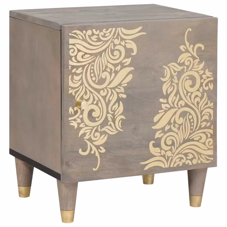 Comodino moderno vidaXL in legno di mango con dettagli in metallo, Grigio, L 40 cm x P 33 cm x H 46 cm