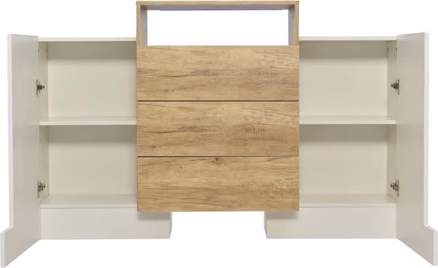 Buffet moderno in MDF 140 cm bianco lucido e finitura legno con luci LED multicolore