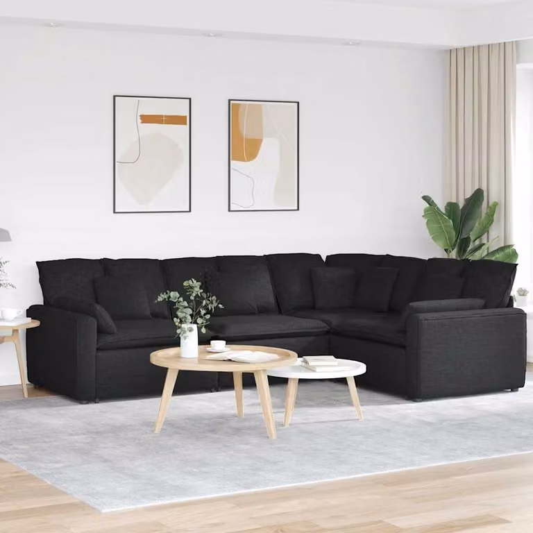 vidaXL Divano Modulare a L con Cuscini in Tessuto Nero e Struttura in Metallo e Legno