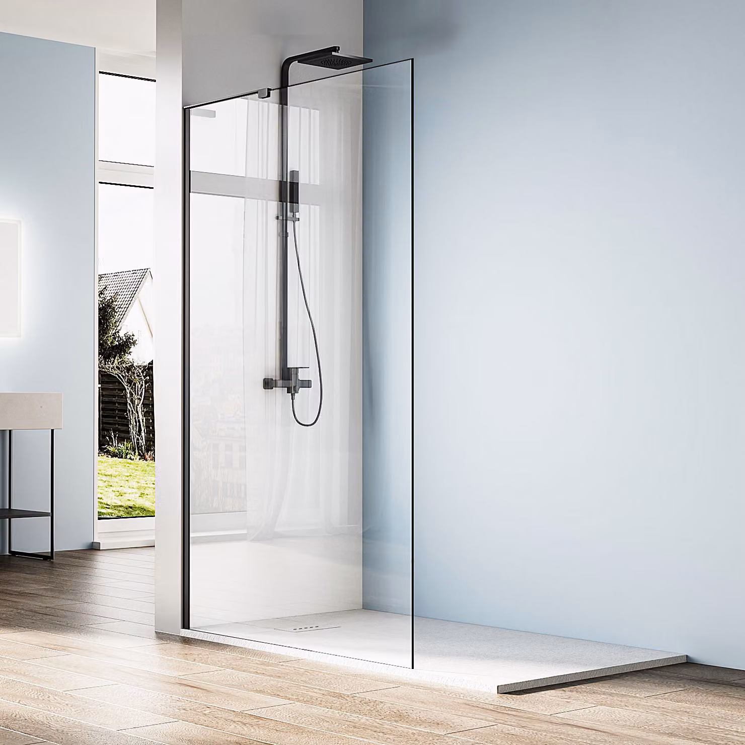 SONNI Schermo doccia walk in nero, 100x200cm con barra di contenimento a L, vetro NANO 6mm