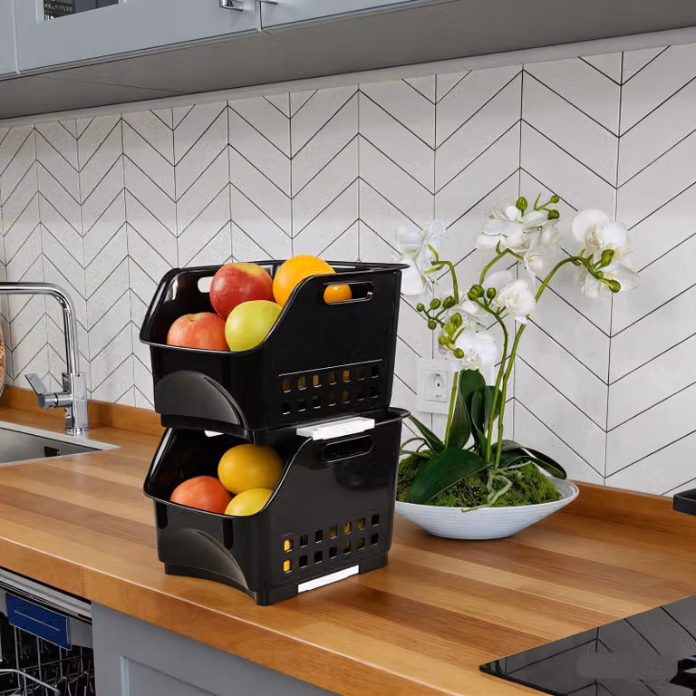 Contenitore di stoccaggio, set da 3 pezzi, impilabile, per la cucina, colore nero, in plastica