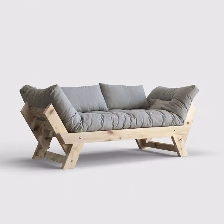 Divano letto in legno SORAI con rivestimento in lino idrorepellente e schienale regolabile - Grigio