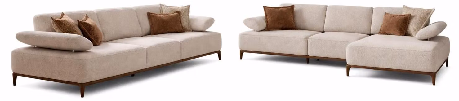 Set da salotto moderno: divano ad angolo a L bianco, set di design in stile minimalista