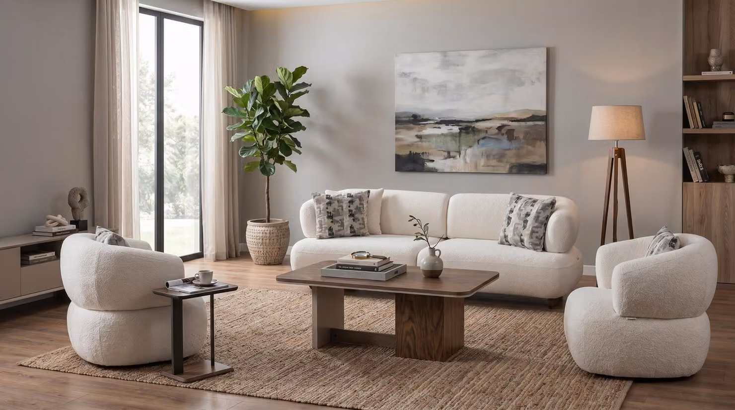 Set di divani 3 posti + 2 poltrone, con tavolino, rivestiti in tessuto bouclé beige. Set di divani imbottiti
