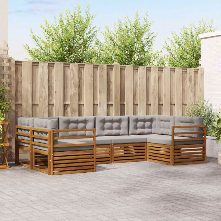 Set di divani da esterno vidaXL a forma di U composto da 6 pezzi in legno di acacia con cuscini in tessuto grigio per giardino e terrazza