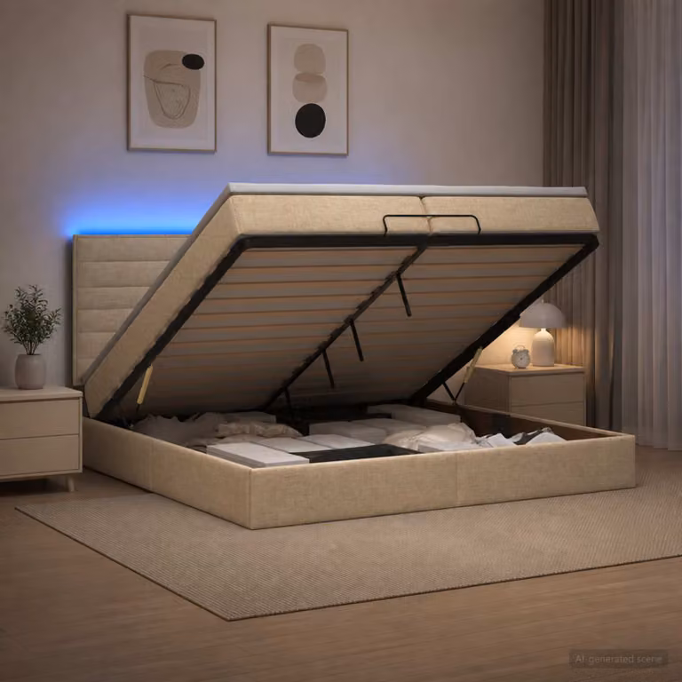 Letto Ottomano con Materasso e Illuminazione LED vidaXL, Colore Beige e Bianco, L/P/H: 200 x 200 x 88 cm