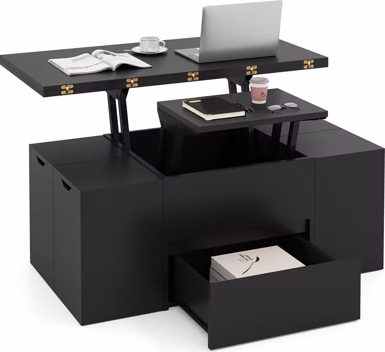 COSTWAY Tavolino con 4 sgabelli, tavolino da salotto con scomparto nascosto e cassetto, tavolino 3 in 1, tavolo da pranzo, tavolino da divano, 100x50x44 cm, nero