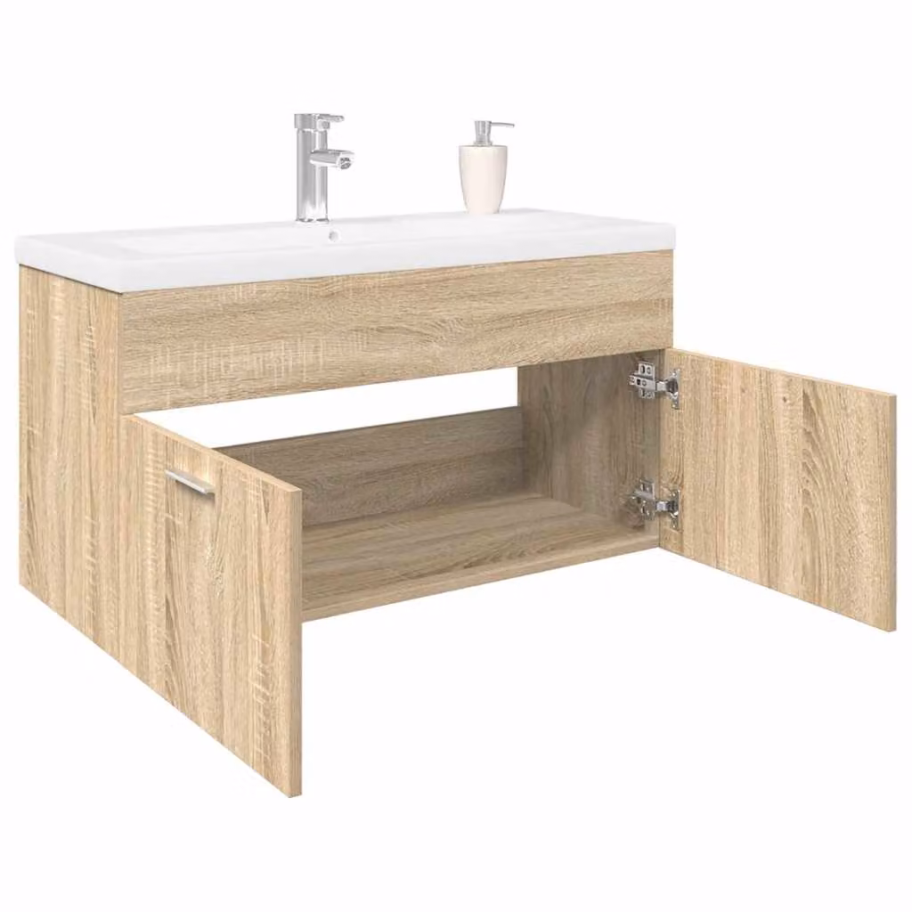 Mobile da bagno con lavabo integrato vidaXL in stile moderno, colore bianco e rovere, L: 46,0 cm, P: 38,5 cm, H: 90,0 cm
