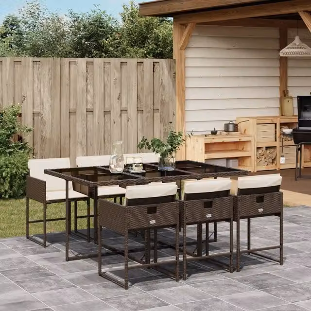 Set da Pranzo da Giardino 7pz con Cuscini in Polyrattan Marrone 3278036
