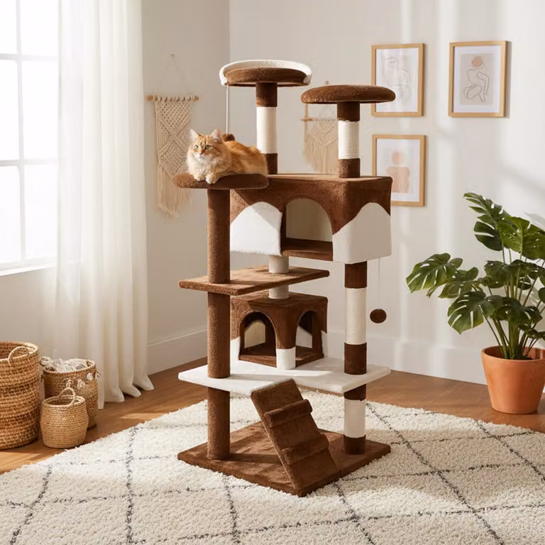 tiragraffi belviona, albero per gatti alto 130 cm con grotte, scale e palline da gioco, robusto ed elegante, marrone/beige