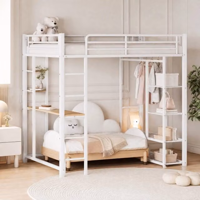 Letto a soppalco matrimoniale in metallo 140x200 cm con scrivania e guardaroba, bianco