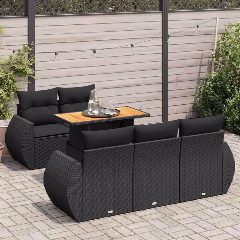 Set Divano da Giardino vidaXL 6 pz in Polyrattan e Legno di Acacia Oliato, Colore Nero