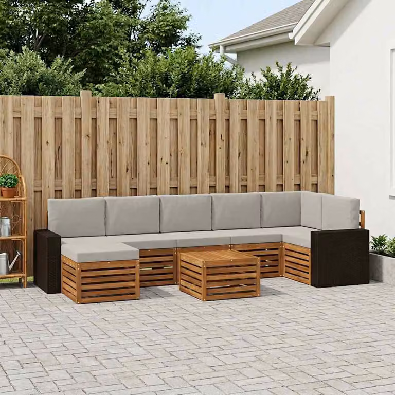 vidaXL Set di divani da esterno a L composto da 8 pezzi in legno di acacia con cuscini, colore naturale e grigio chiaro