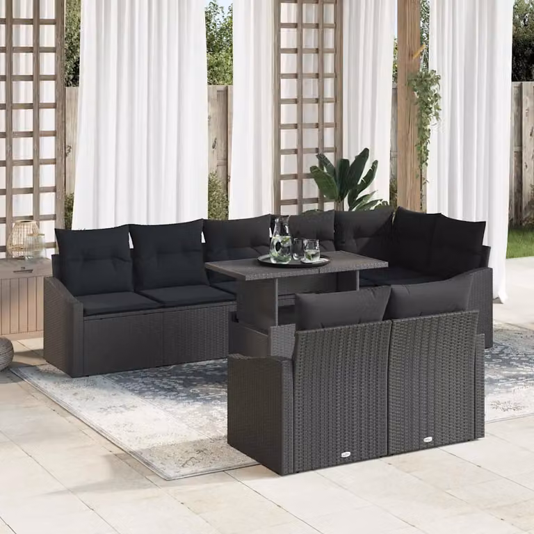 Set Divano da Giardino vidaXL 9 Pezzi a Forma di L con Tavolino Nero e Cuscini Imbottiti