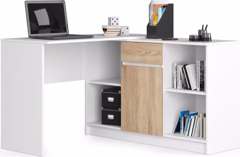 Set scrivania angolare da 120 cm con cassettiera (1 cassetto, 1 anta, 6 scomparti) - scrivania da lavoro