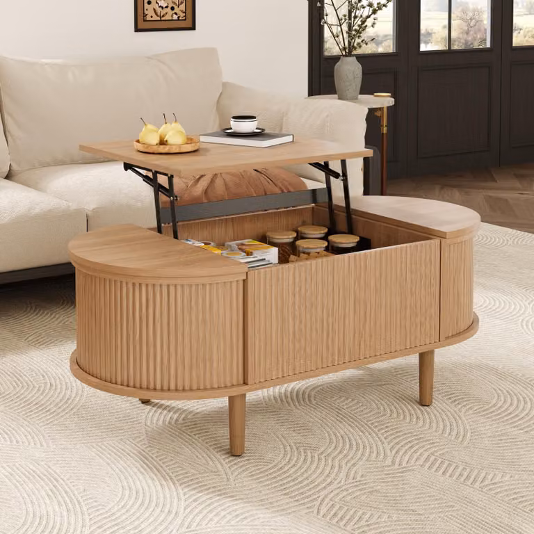Tavolino ovale Merax in MDF con gambe in legno massello, tavolino da salotto regolabile in altezza, tavolino da divano con vano portaoggetti e piano ribaltabile, stile vintage naturale