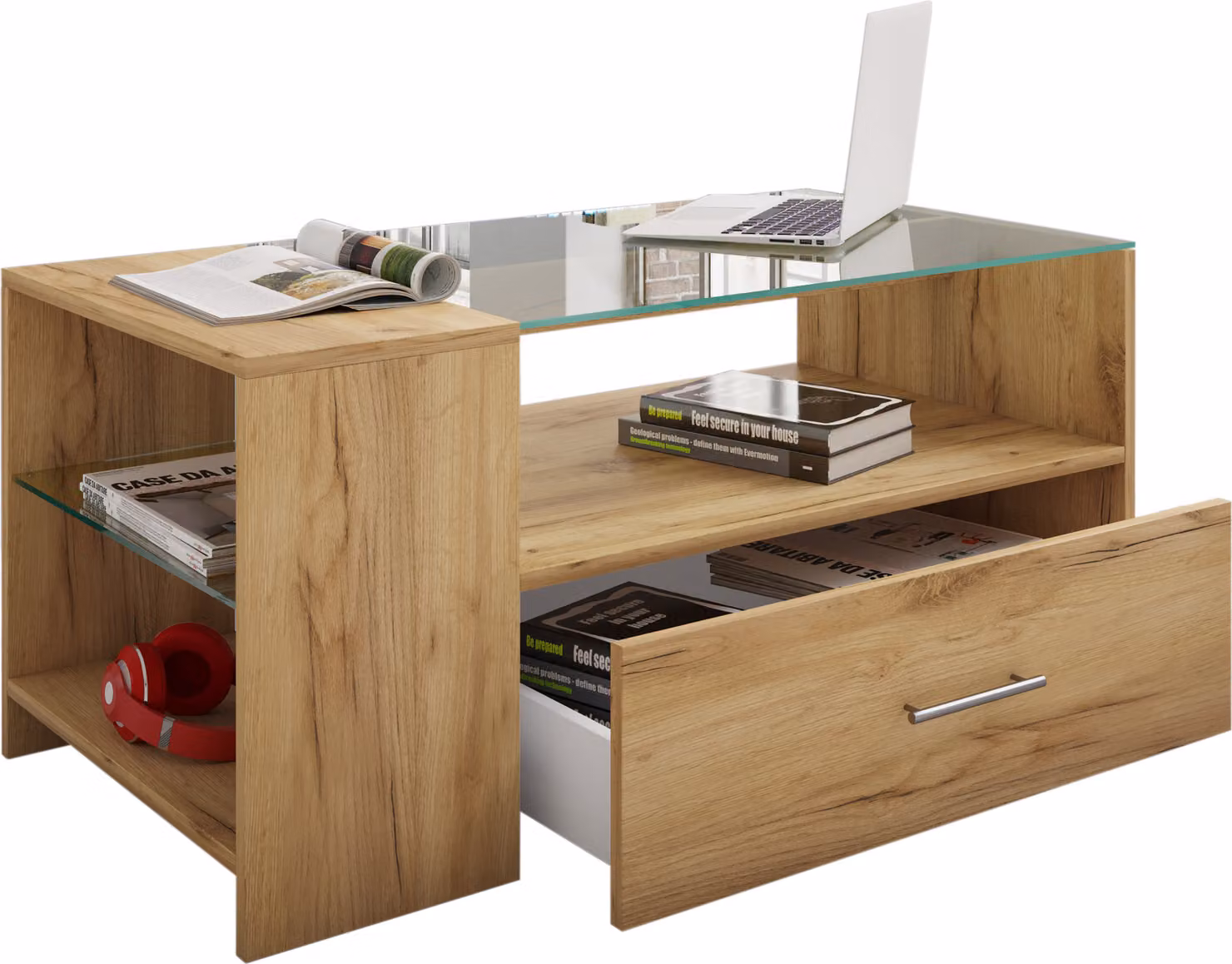 Tavolino in legno con vetro di sicurezza ESG | Sofatic con spazio di archiviazione sufficiente | Dimensioni ca. H. 45 x W. 100 x D. 50 cm | Tavolo soggiorno con cassetto - Tindala
