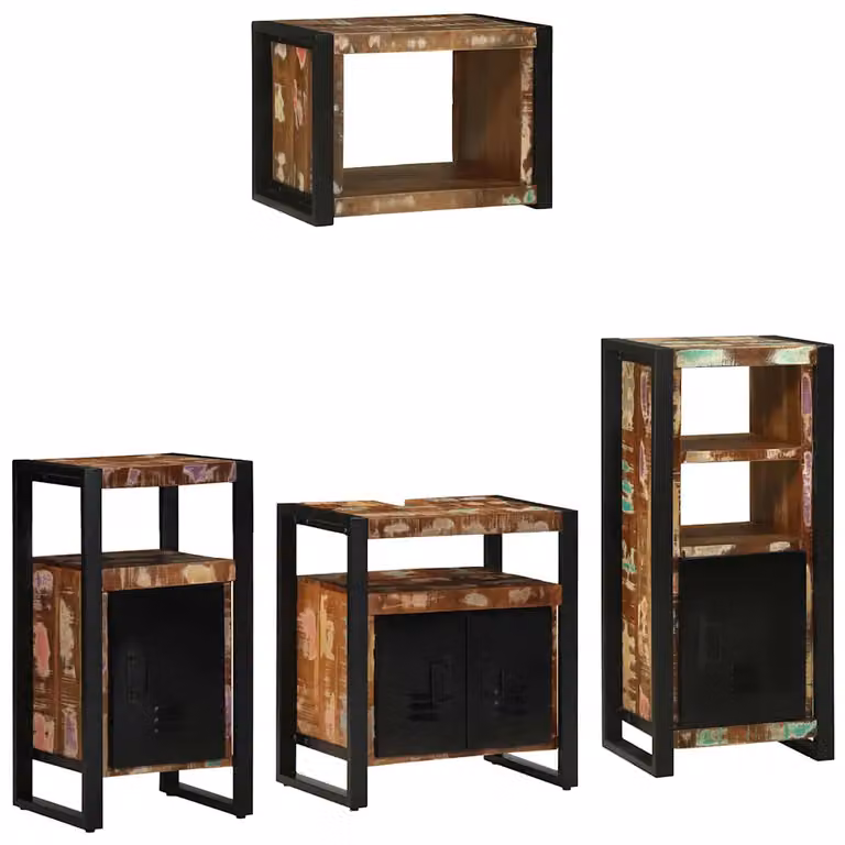 Set di mobili per il bagno moderno vidaXL in legno e metallo multicolore e nero con pensile, mobile laterale e mobile lavabo a parete