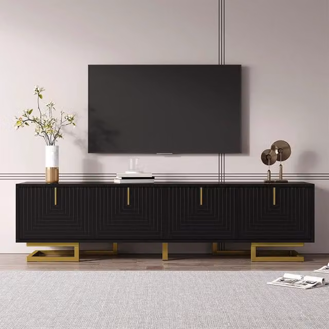 Mobile TV Xylo moderno in colore nero con finitura opaca e dettagli dorati, L: 160.0 cm, P: 44.5 cm, H: 38.0 cm – 1