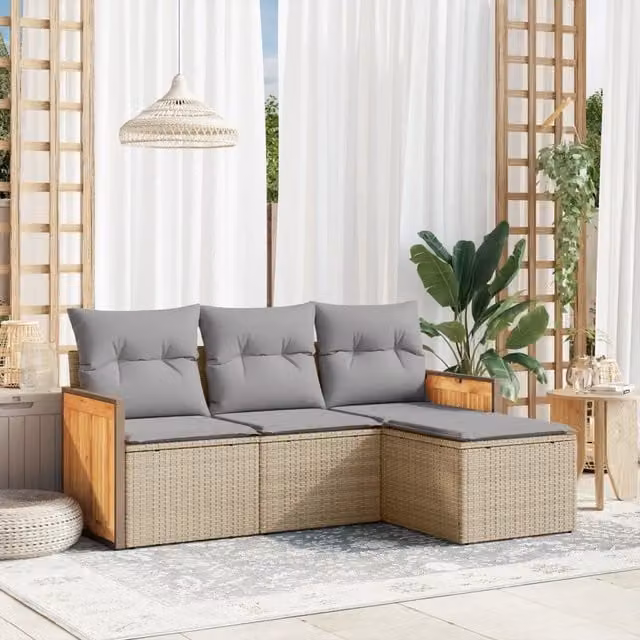 Set Divano da Giardino 4 pz con Cuscini-Sofa da Giardino-Divanetto da esterno Beige in Polyrattan 188327