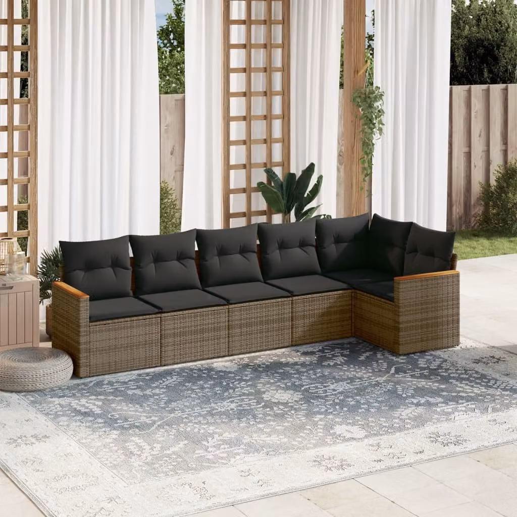 vidaXL Set Divano da Giardino a L in Polyrattan Grigio con 6 Cuscini Imbottiti e Rivestimenti Rimovibili – 1
