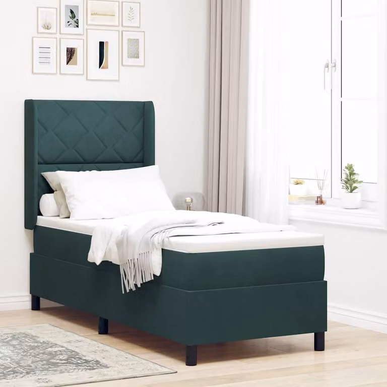 Letto con boxspring e strisce LED, colore verde scuro, 80 x 200 cm, rivestito in velluto