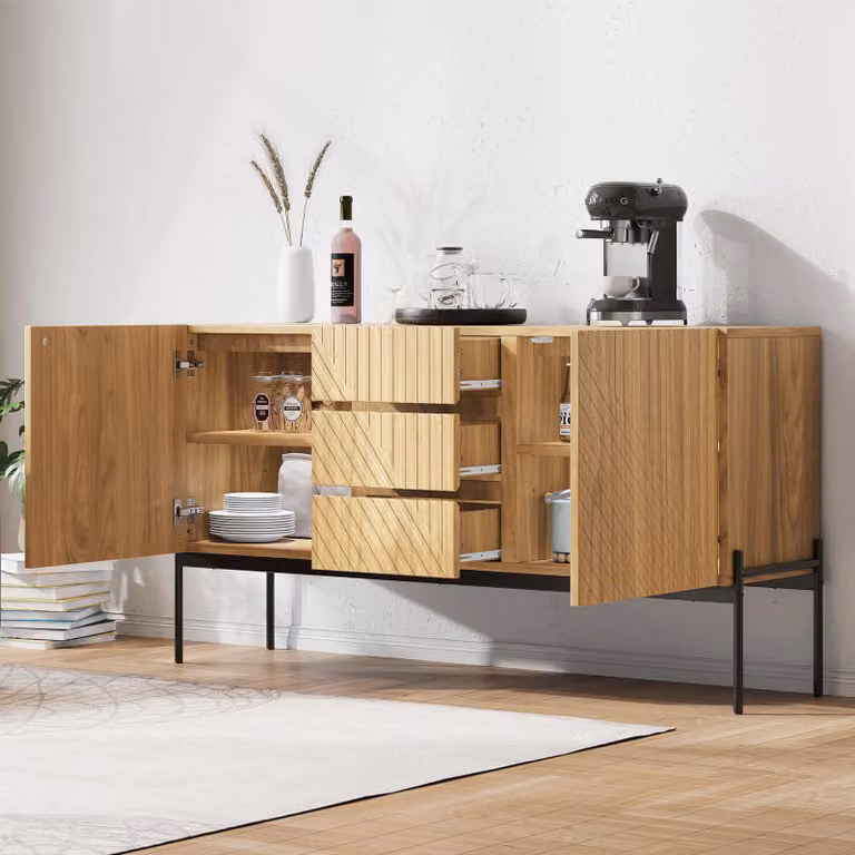 STILVORA Credenza a 2 ante, mobile ausiliario con 3 cassetti e gambe in metallo, dal design lineare, finitura naturale