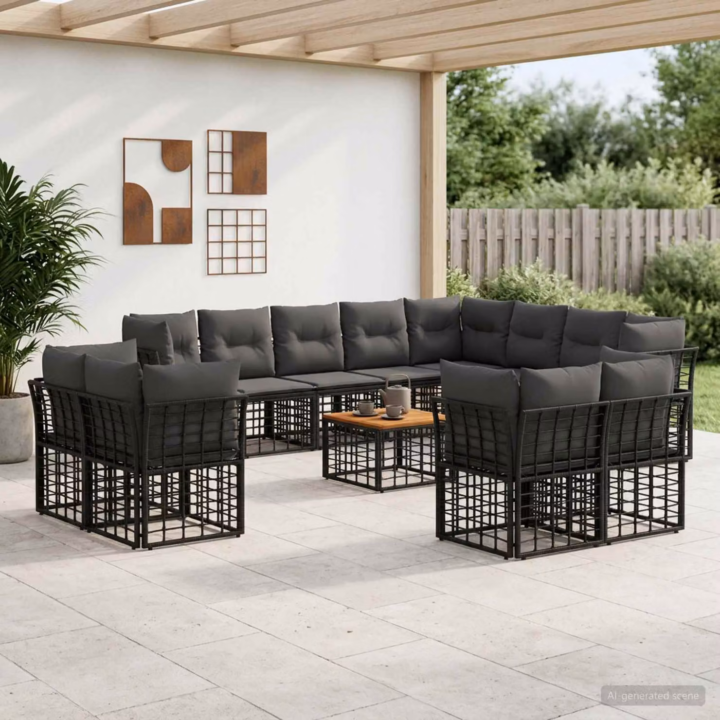 Set di divani da esterno vidaXL a forma di L con tavolo da caffè, 13 pezzi, Nero e Grigio