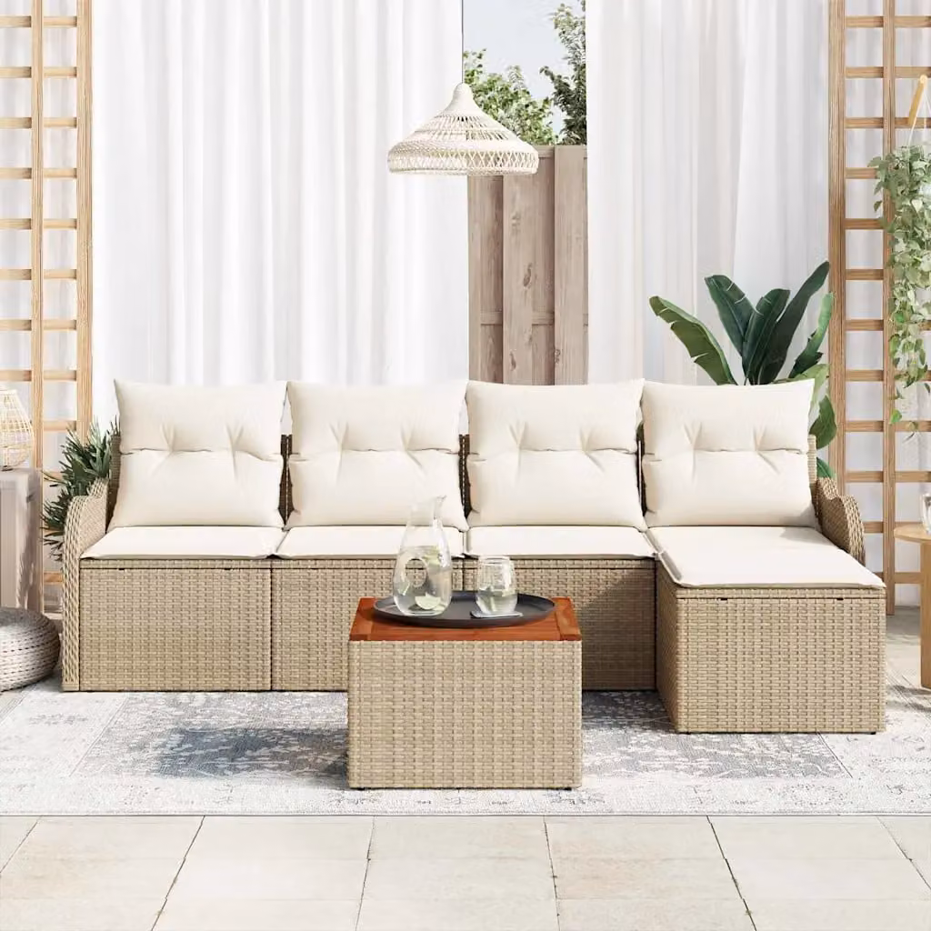 Set Divano da Giardino L-Shape vidaXL 6 Pezzi Beige e Bianco con Tavolino e Pouf in Polyrattan e Acciaio