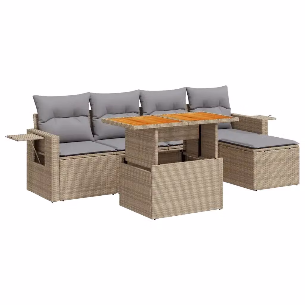 Set Divano da Giardino a L vidaXL in Polyrattan con Cuscini Beige e Tavolino, 6 Pezzi – 2