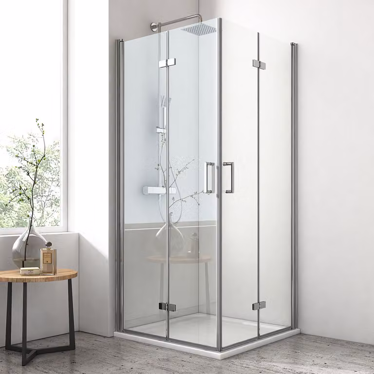 Cabina doccia EMKE 75x75x195 cm, ingresso angolare, porta pieghevole, parete doccia senza telaio, rivestimento nano su entrambi i lati