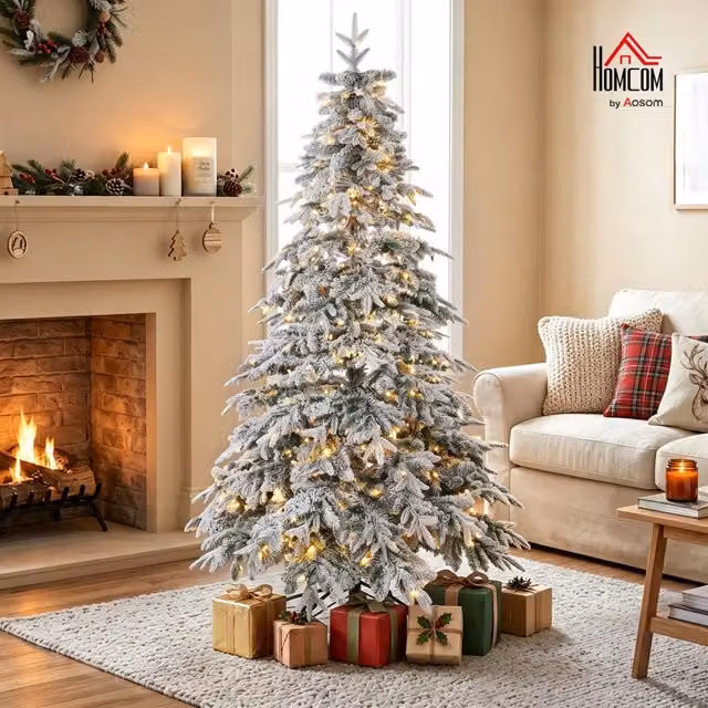 Sapin de Noël Artificiel 180 cm Lumineux Enneigé Vert et Blanc