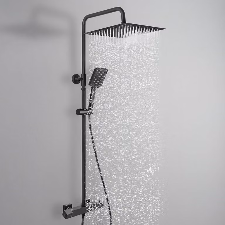 Set completo per sistema doccia termostatico, colore nero, con soffione a pioggia da 30 cm, doccetta manuale con 6 getti, barra doccia regolabile in altezza da 88 a 124 cm